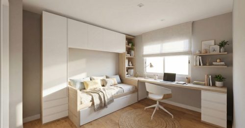Dormitorio juvenil con almacenaje integrado, escritorio y estilo contemporáneo