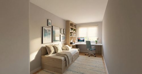 Habitación juvenil moderna con mobiliario funcional y diseño equilibrado